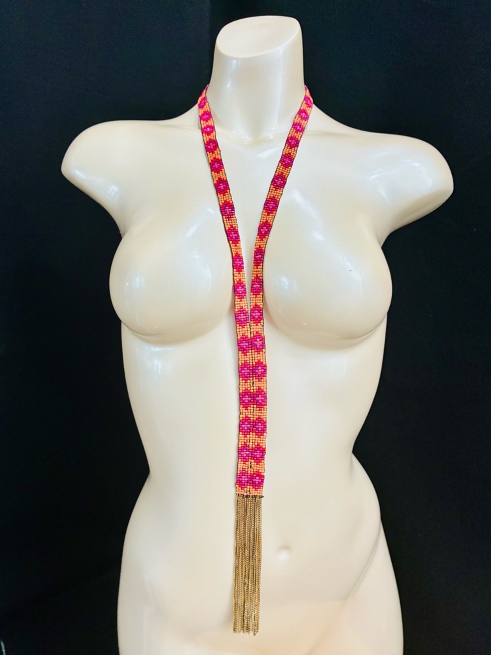 Source Unknown Pink and Gold Beaded Lariat Necklace